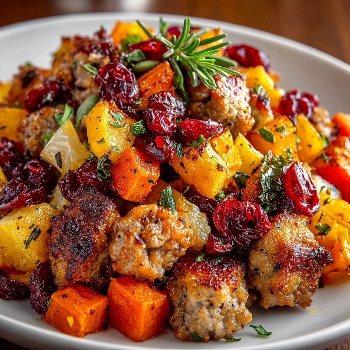 Roasted Root Vegetable and Sausage Hash served on a rustic platter with fresh herbs and lemon wedges.
