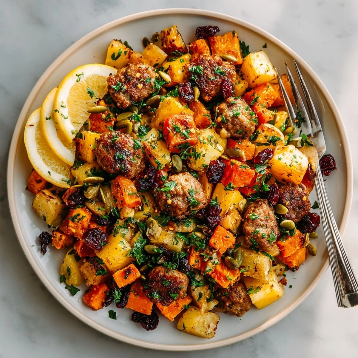 Hearty roasted root vegetable and sausage hash with vibrant carrots, sweet potatoes, and browned sausage.