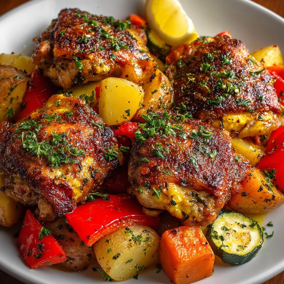 Sheet Pan Honey Mustard Chicken and Vegetables garnished with lemon wedges and fresh parsley on a baking tray.