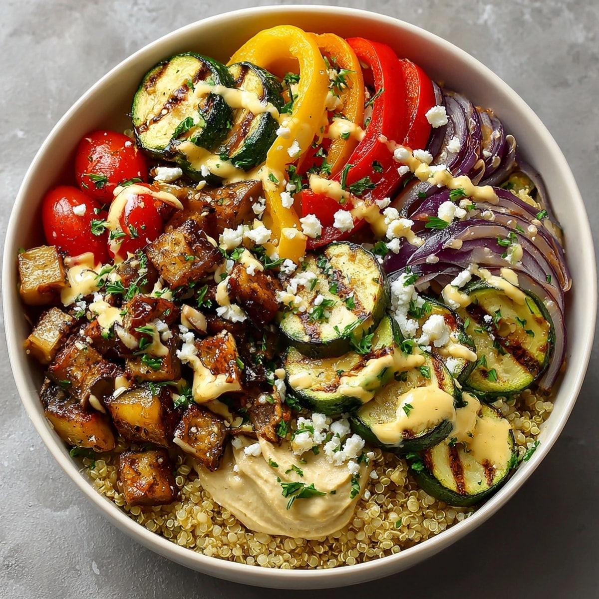 Mediterranean Quinoa Power Bowl filled with colorful roasted veggies, hummus, and creamy feta cheese.