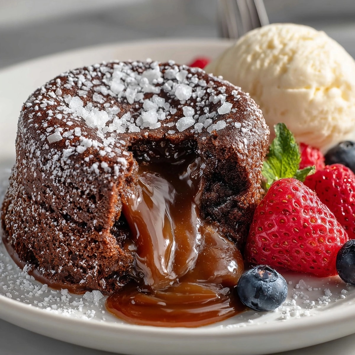 Salted caramel chocolate lava cakes with molten centers, dusted with powdered sugar and sea salt.