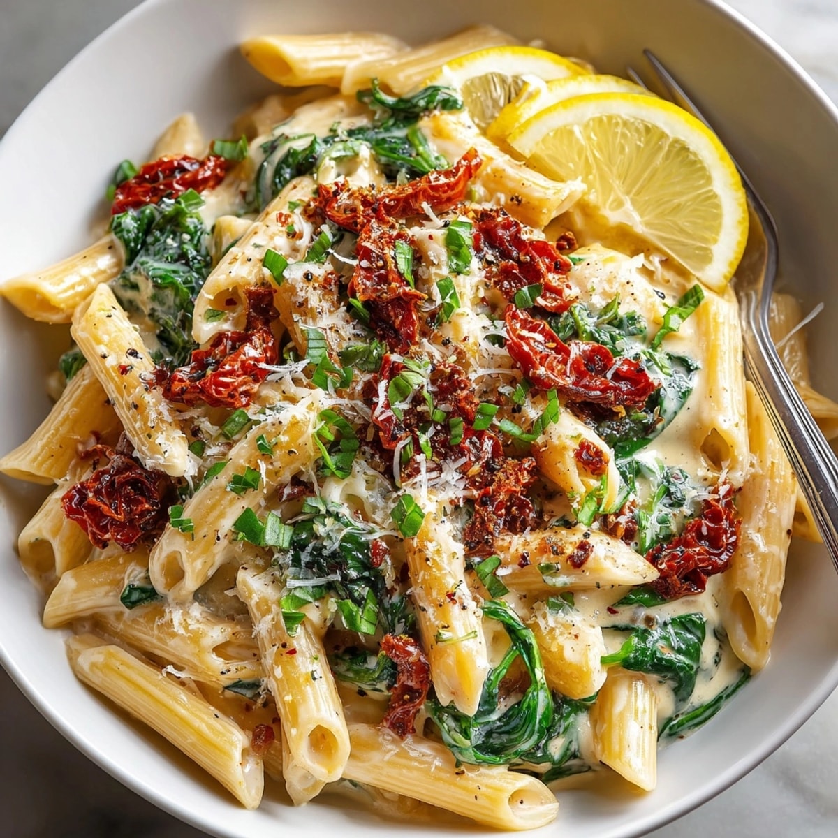 One-pot creamy sun-dried tomato pasta with spinach served in a large white bowl, garnished with basil.
