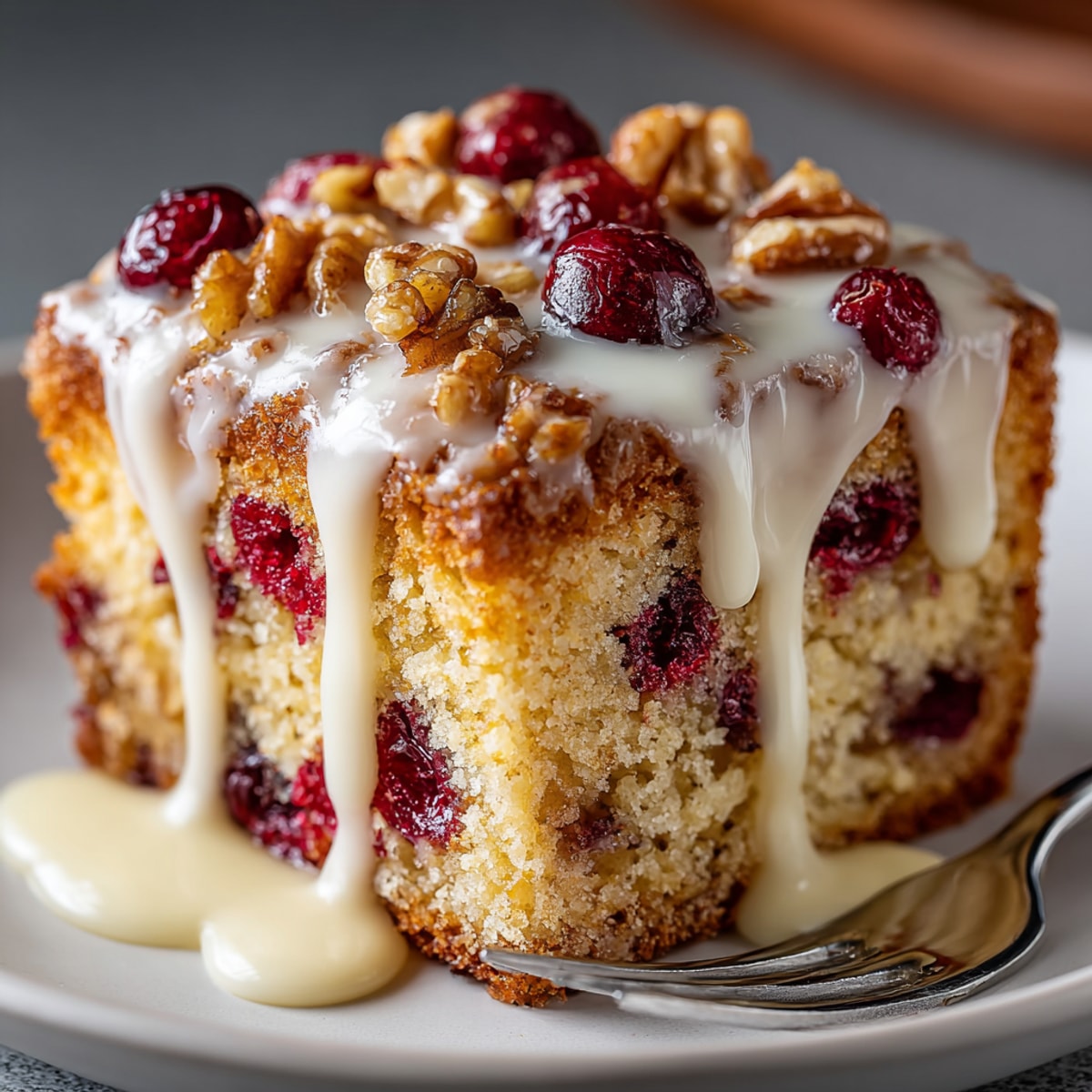 Chaos Cake: Cranberry orange snack cake with sweet, sticky glaze dripping over the top.
