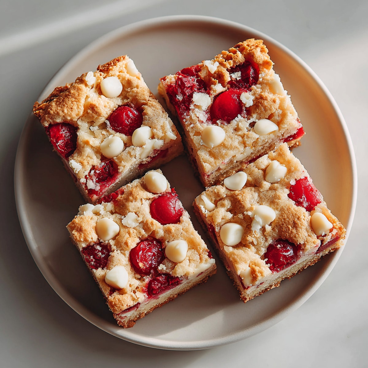 Close-up of irresistible Cherry-Coded Maraschino Blondie Squares: sweet cherries baked in a buttery blondie.