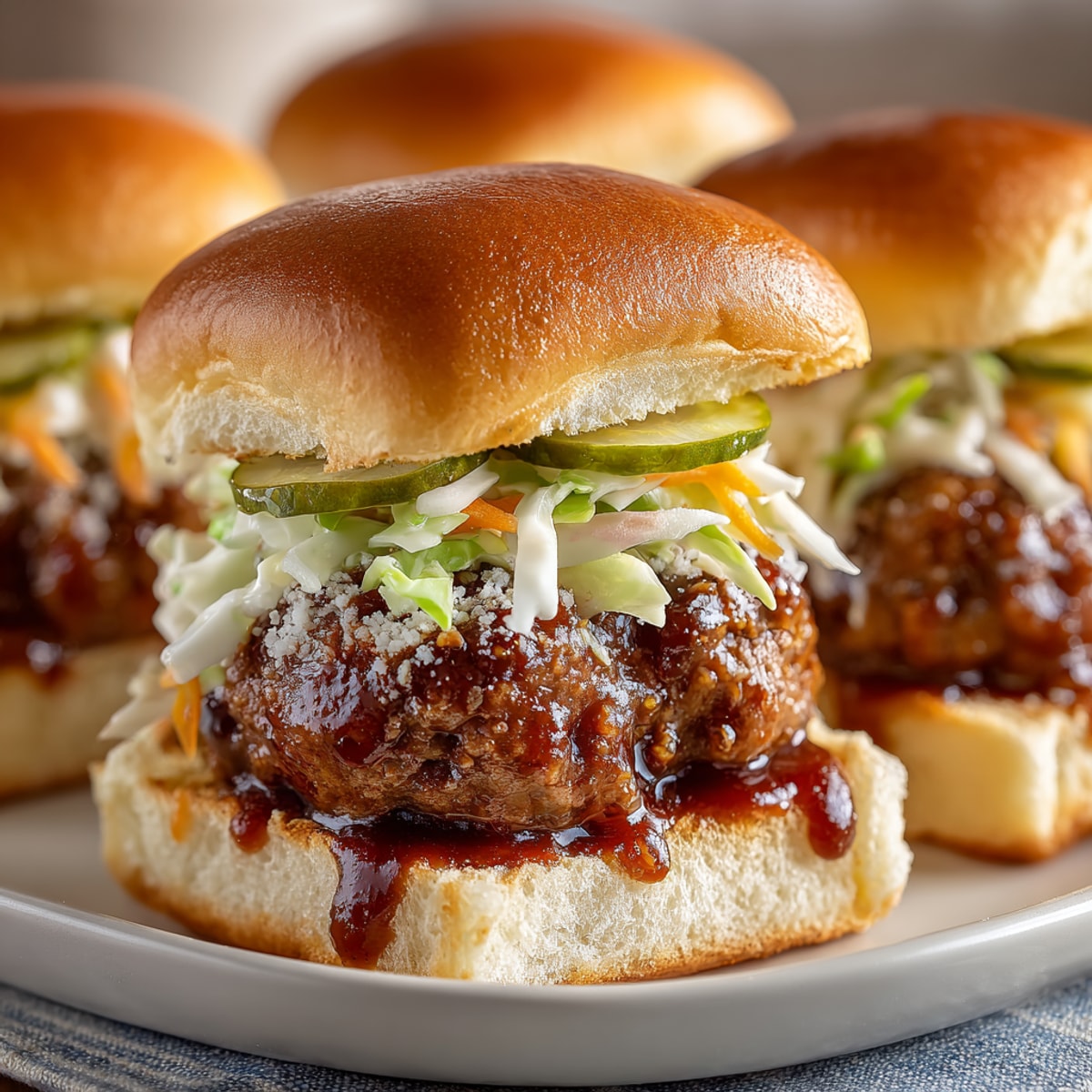 Rebel Float Cola BBQ Meatball Sliders, a close-up of juicy meatballs drizzled in sticky, flavorful sauce.