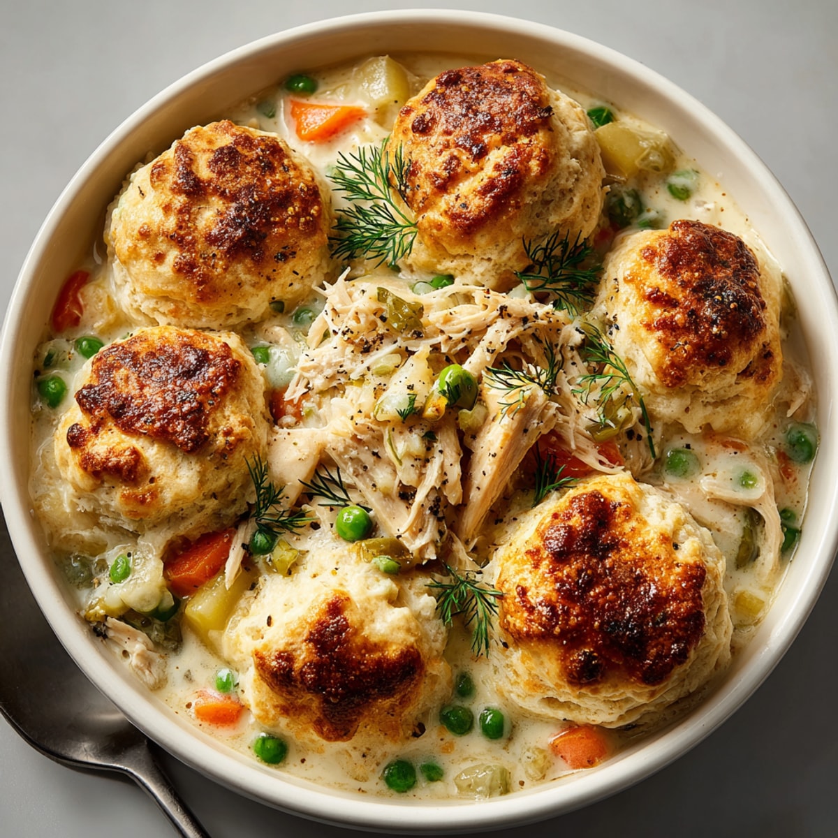 Golden, bubbly Pickle-Fix Chicken Pot Pie Skillet with fluffy dill biscuits, ready to serve.