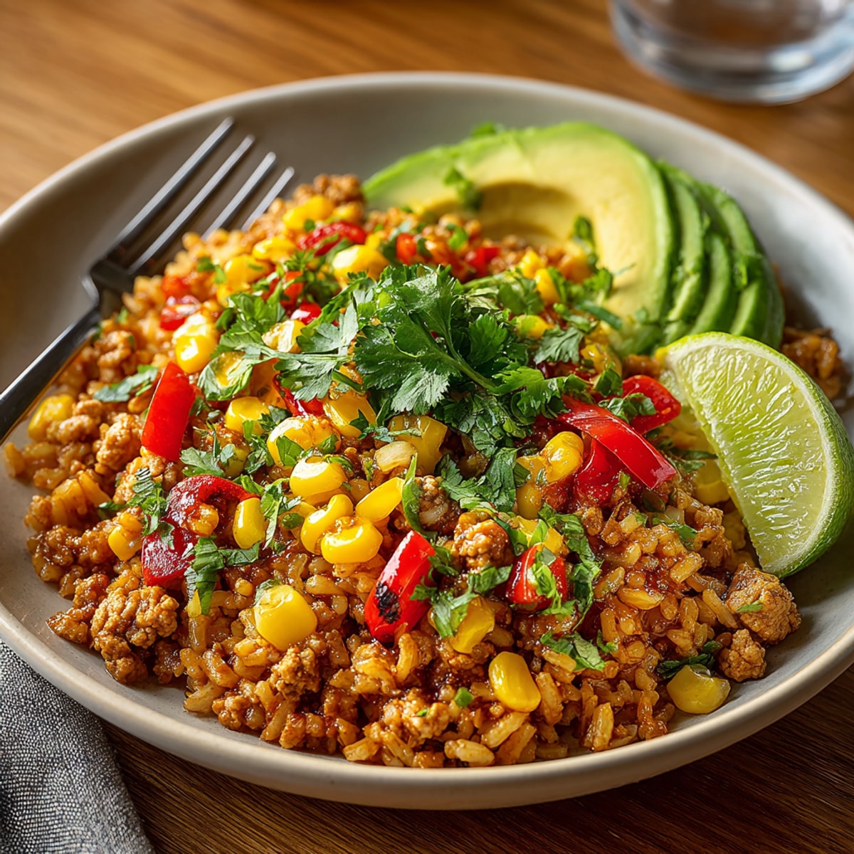 Skillet of steaming 20-Minute Honey-Garlic Turkey Taco Rice, garnished with fresh cilantro and lime wedges.