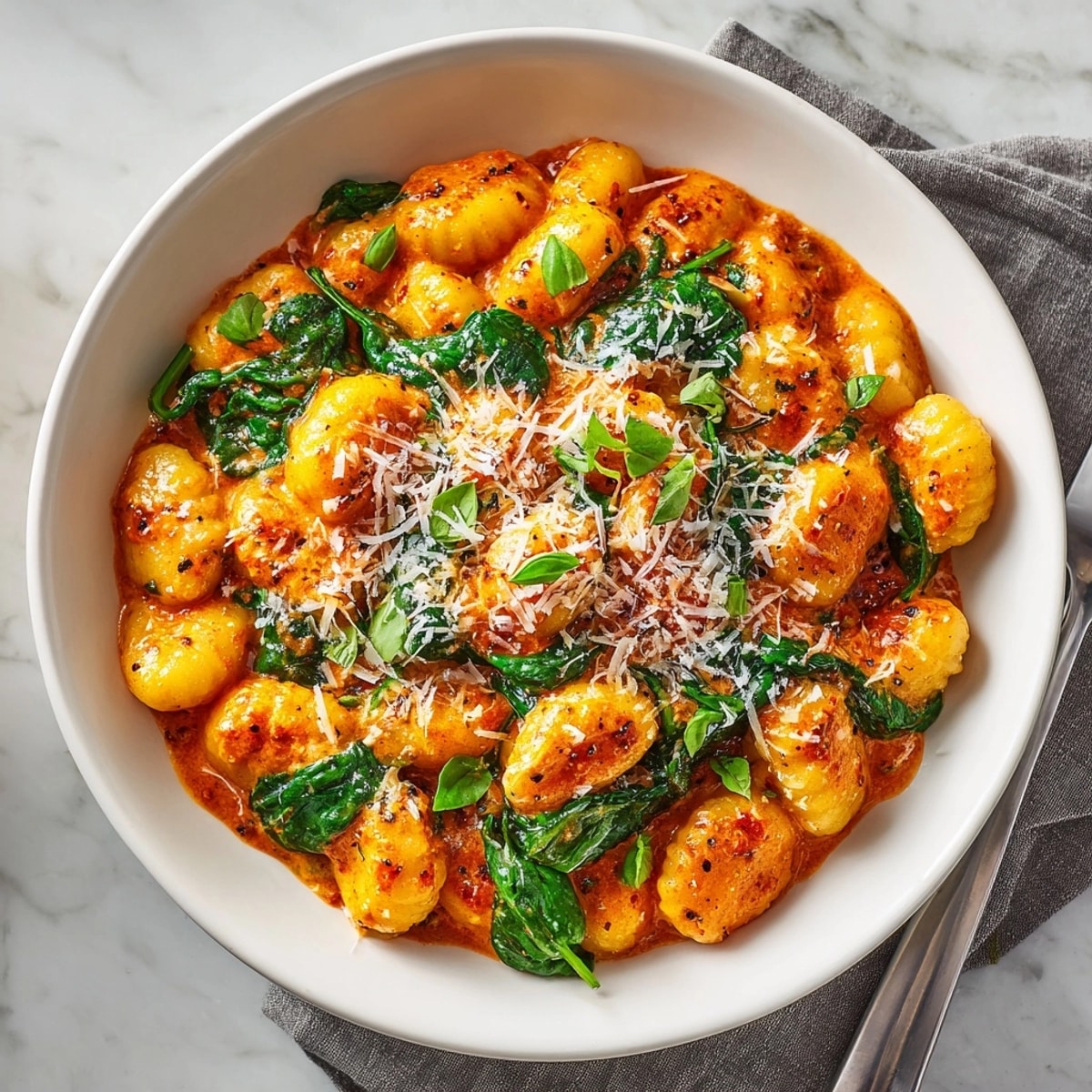 A close-up view of the vibrant, creamy One-Pot Creamy Tomato Gnocchi, ready to be served.