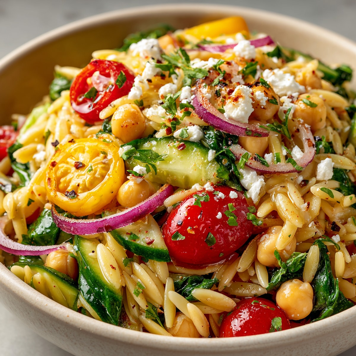 Steaming 15-Minute Lemon Chickpea Orzo Bowls, ready to be topped with feta and fresh parsley.
