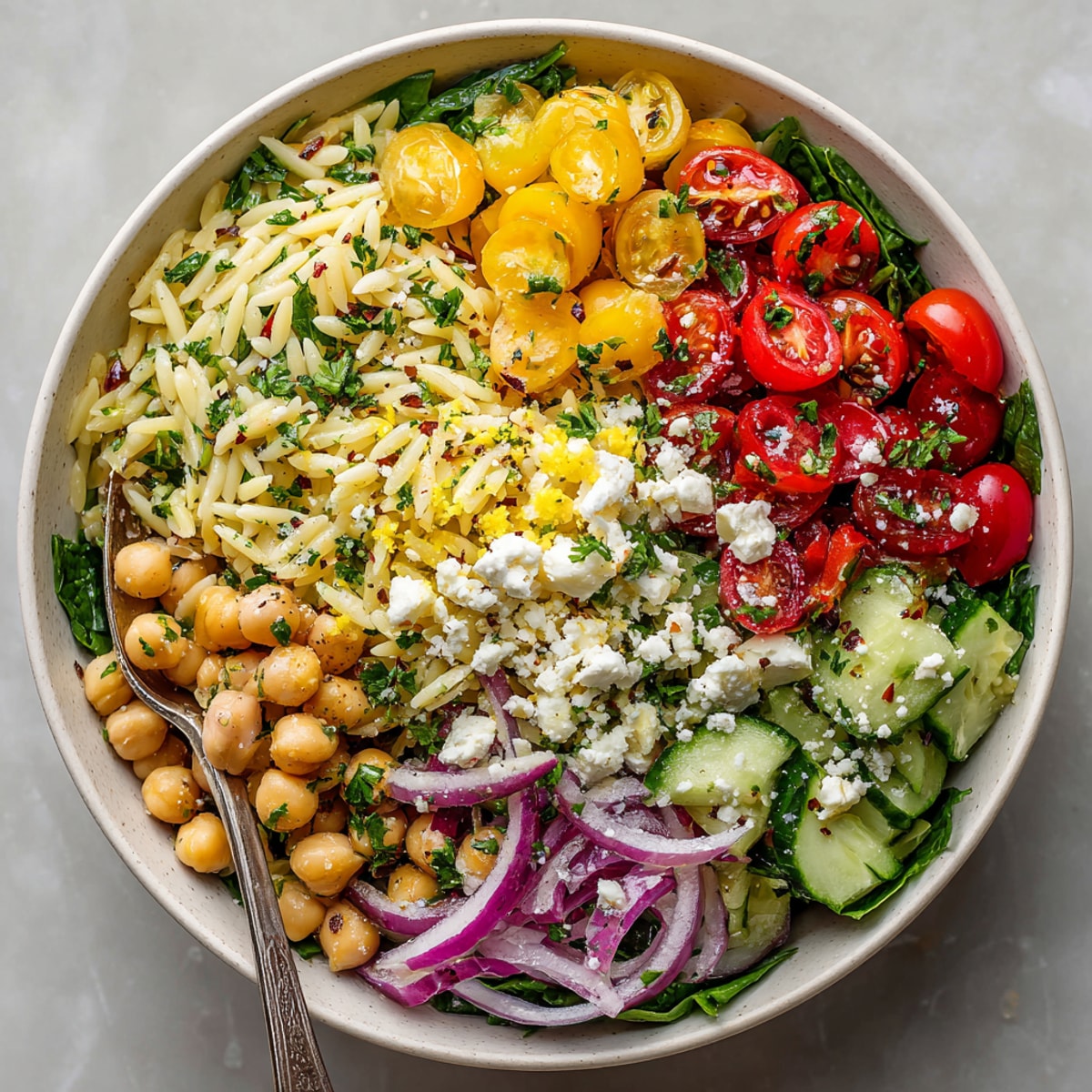A close-up shot of a refreshing 15-Minute Lemon Chickpea Orzo Bowl, perfect for a quick vegetarian meal.