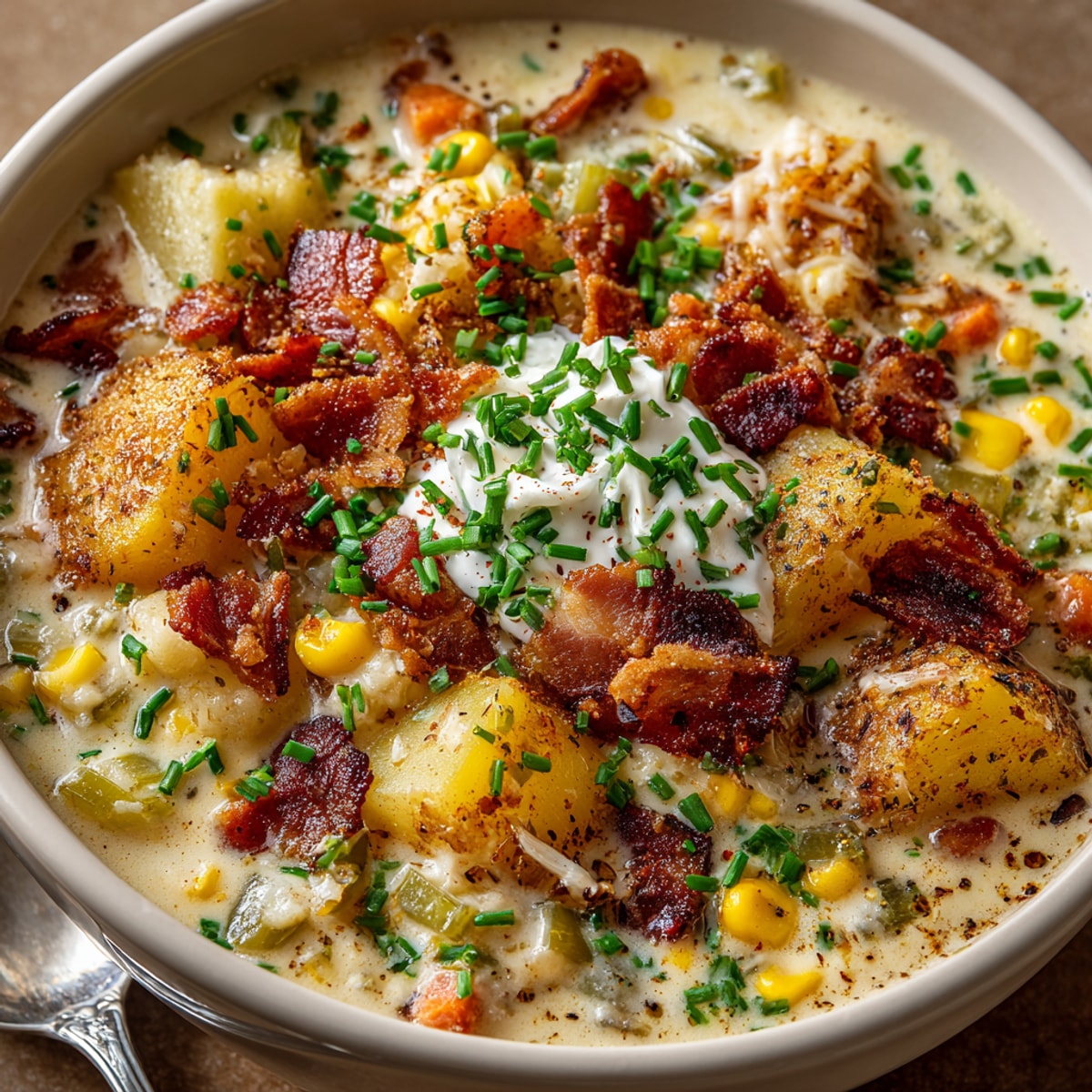 Creamy potato-corn chowder with bacon bits, a hearty soup full of tender potatoes and sweet corn.