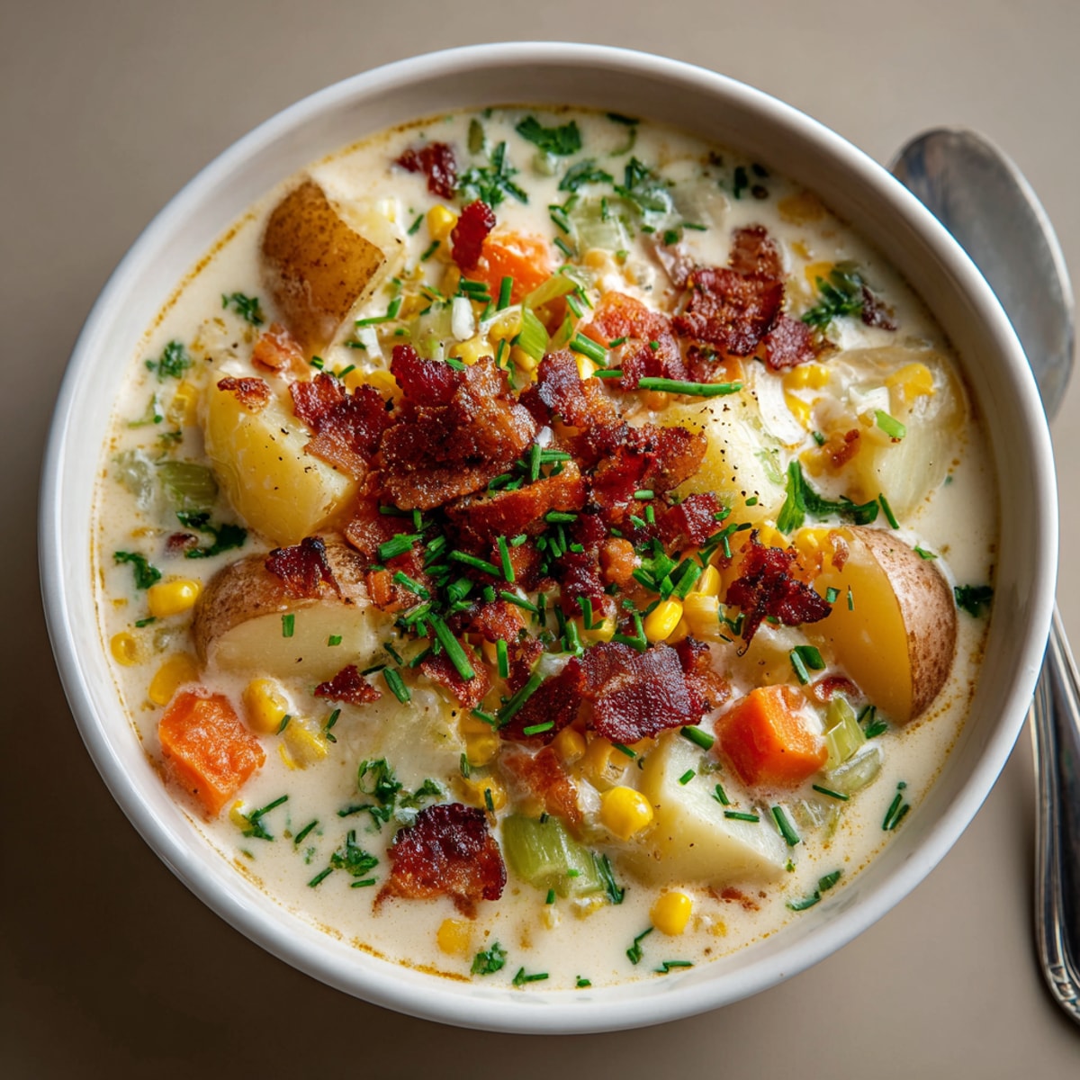 Close-up of the rich and flavorful creamy potato-corn chowder with visible vegetable chunks.