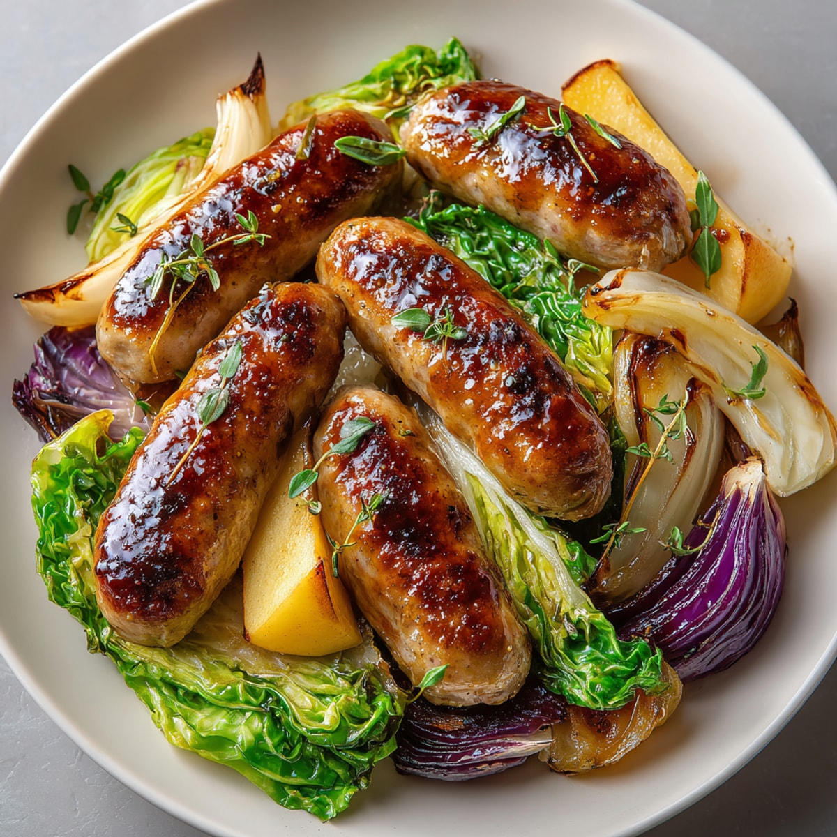 Maple-glazed sausage, apple & cabbage sheet pan boasts glistening sausages and caramelized vegetables, ready to serve.