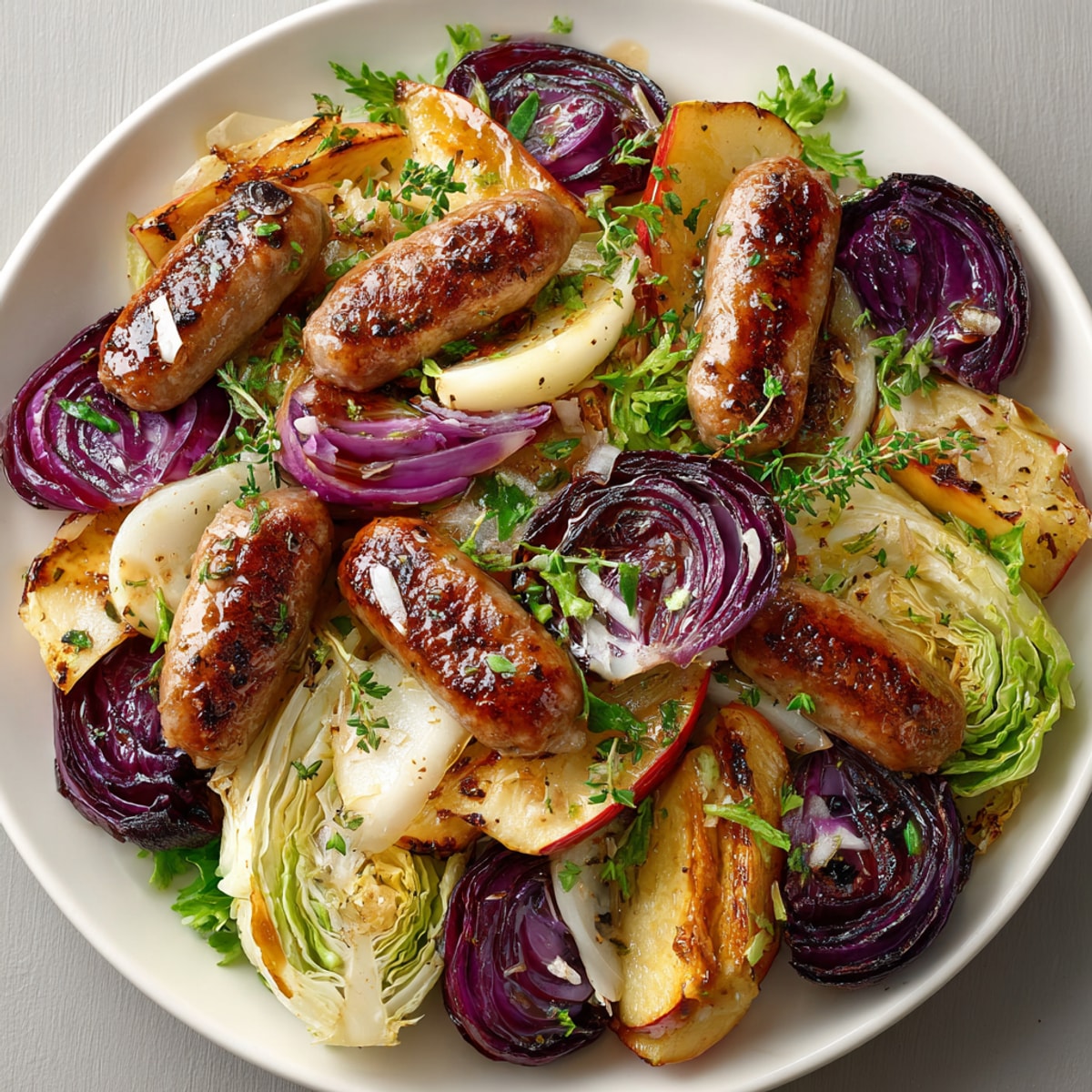Golden-brown maple-glazed sausage, apple, and cabbage, cooked to juicy tenderness in a simple sheet pan meal.