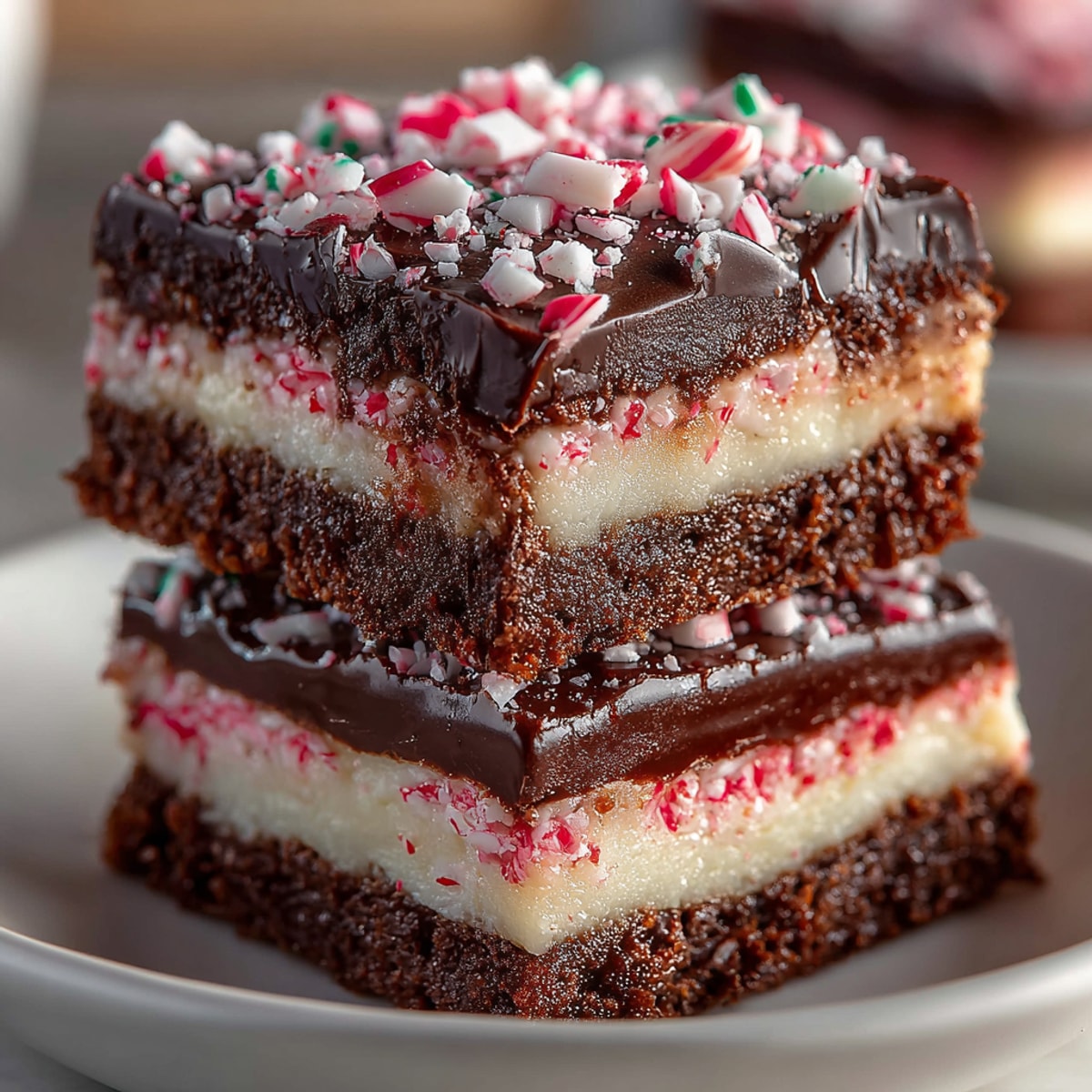 Fudgy Silly Cake Peppermint Bark Brownie Bars topped with festive candy, ready to be devoured.
