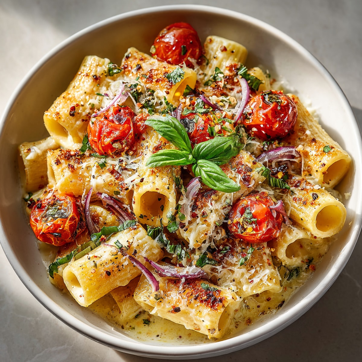 Skillet of Speedy Cherry-Tomato Baked Pasta, bubbling with melted mozzarella and fresh basil.