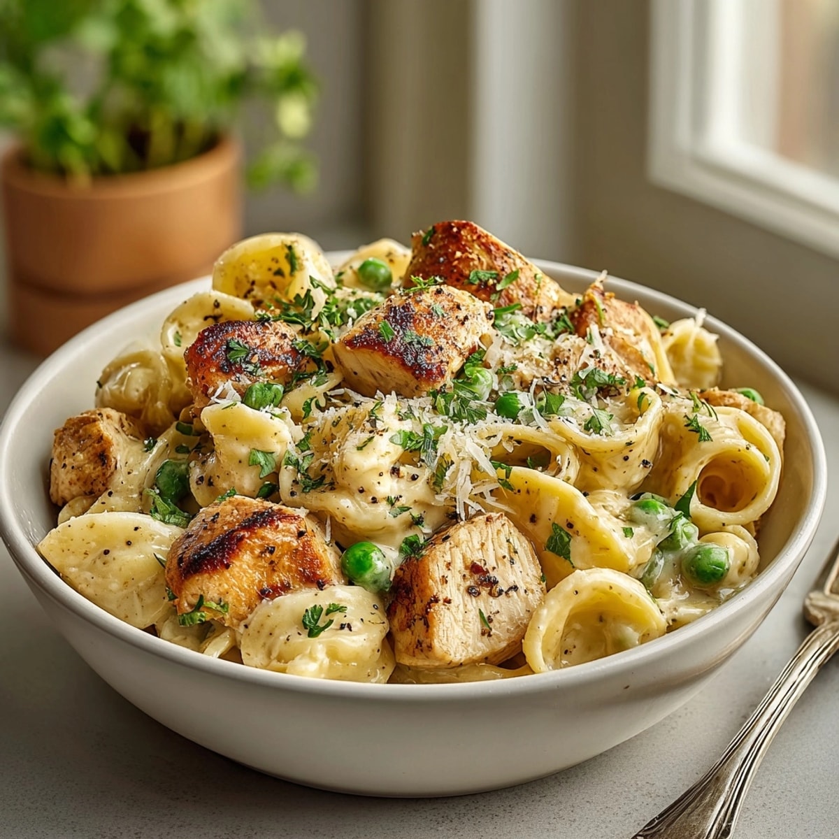 One-Pot Creamy Chicken Noodle Skillet with Peas: A comforting, steaming dish with tender chicken and creamy sauce.