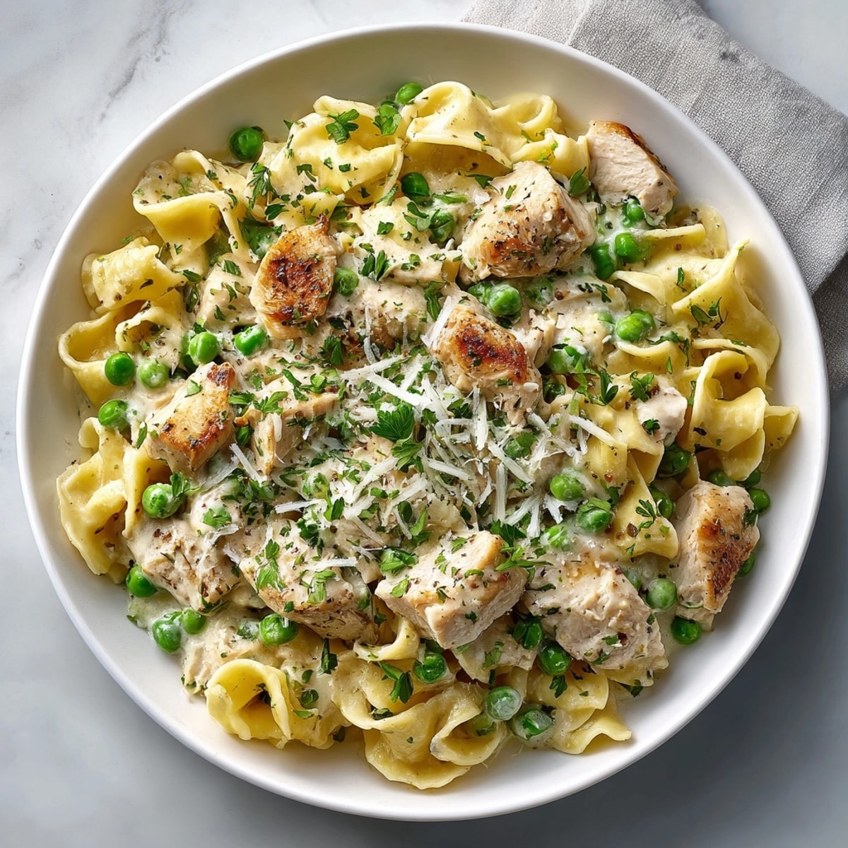 Imagine this savory One-Pot Creamy Chicken Noodle Skillet with Peas: a single pan filled with creamy, flavorful goodness.