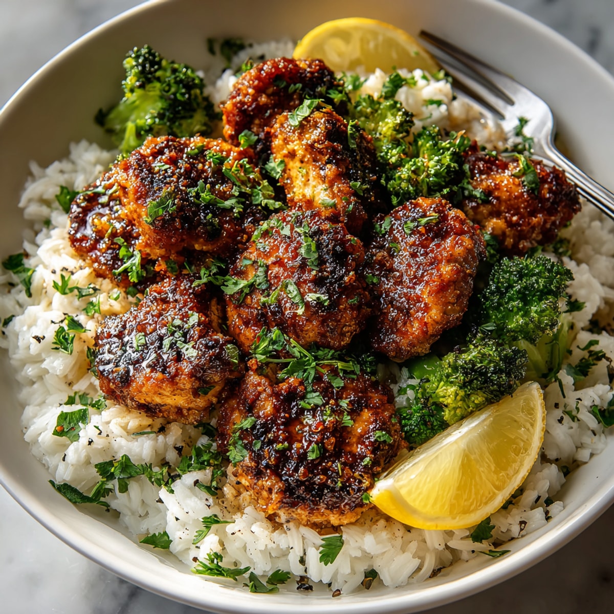 Golden-brown 20-Minute Garlic-Butter Chicken & Broccoli Rice, ready to serve with fresh green parsley.