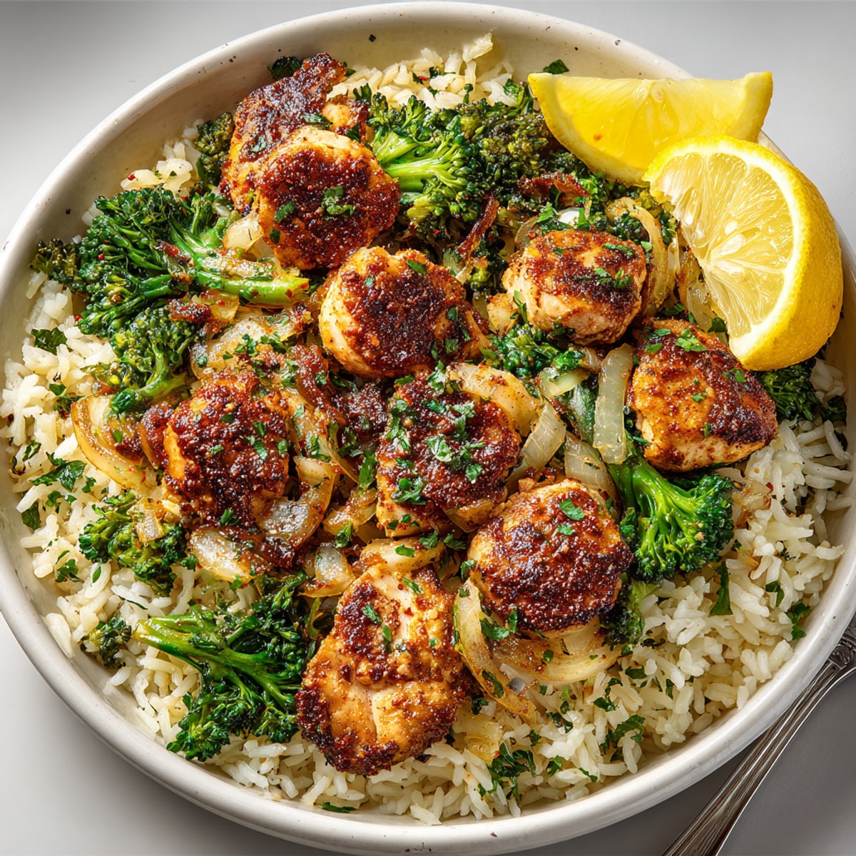 Fluffy rice and tender chicken coated in buttery garlic sauce, featured in our 20-Minute Garlic-Butter Chicken & Broccoli Rice.