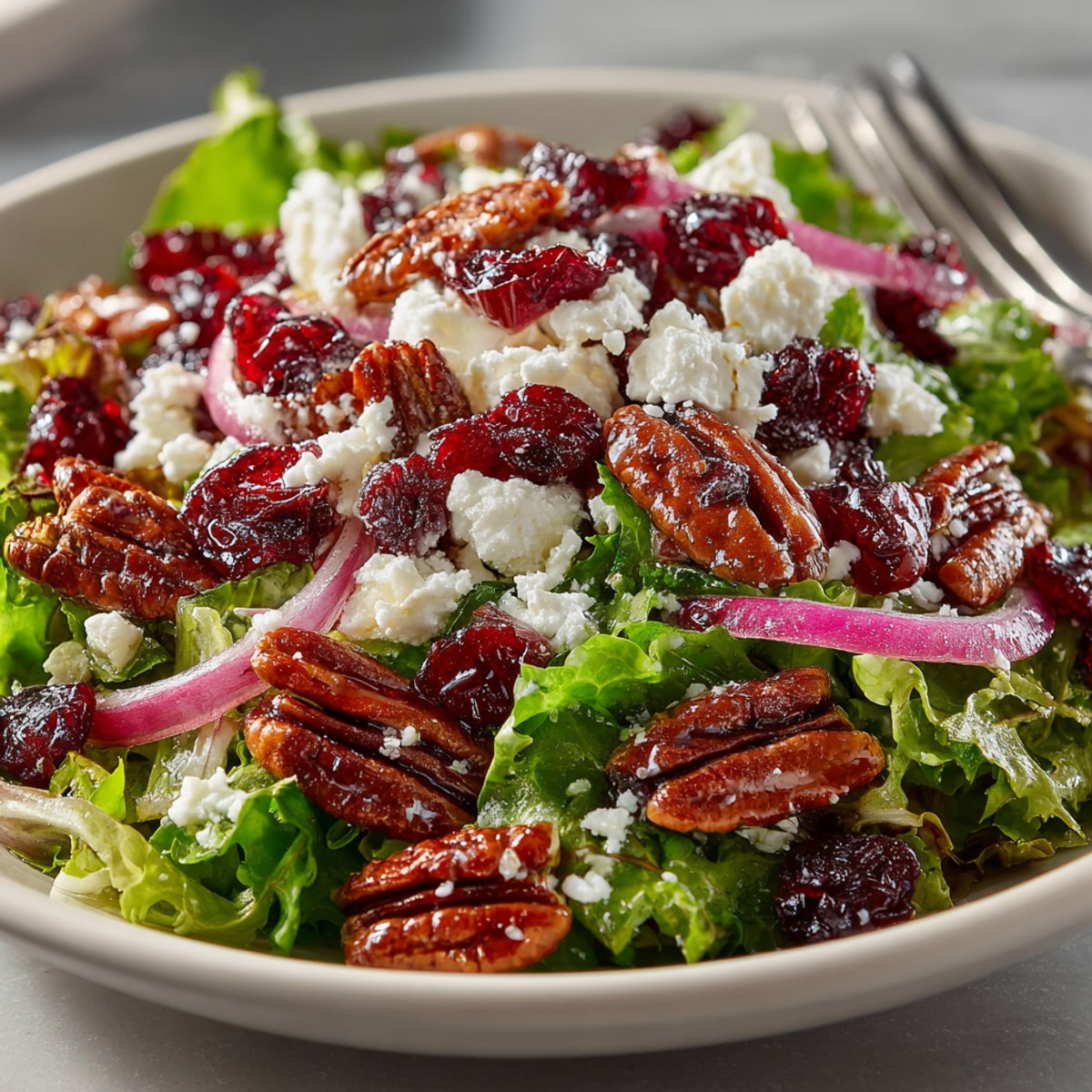 A colorful Cherry-Coded Cranberry-Pecan Salad with creamy feta and pecans, perfect for a light lunch.
