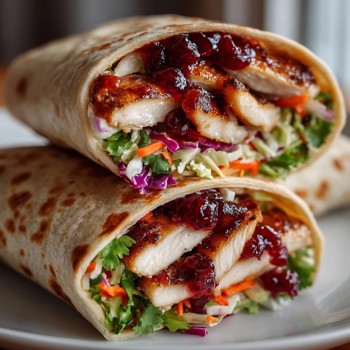 Sweet and Sour Cherry Chicken Wraps with glistening sauce, fresh herbs, and vibrant, colorful fillings.