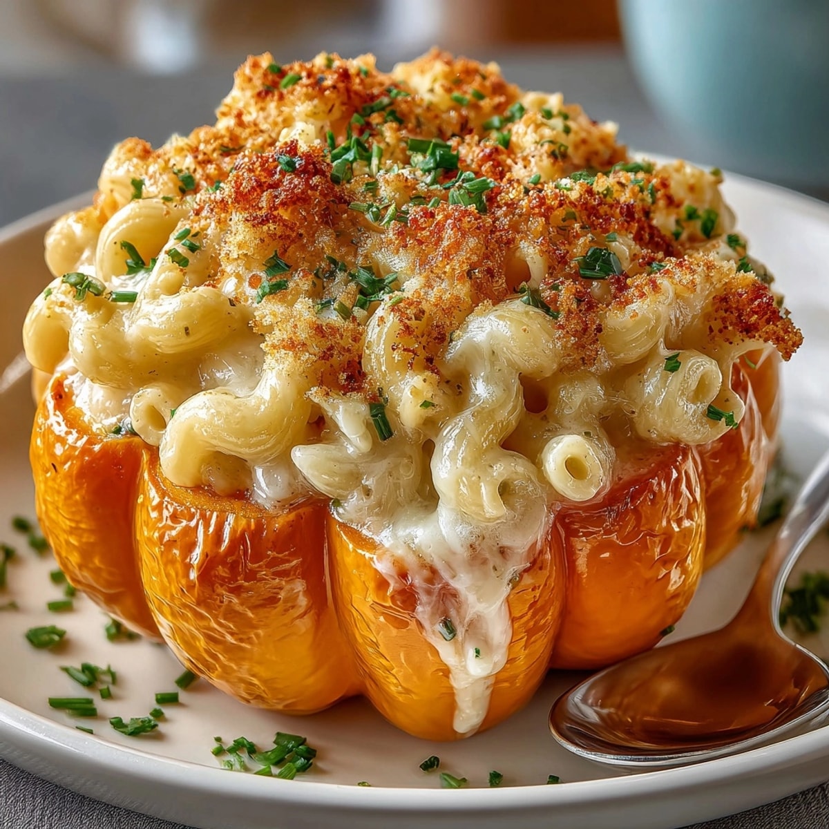 Halloween Orange Mac and Cheese Bowls presented in roasted orange bell pepper "pumpkins" for festive eating.
