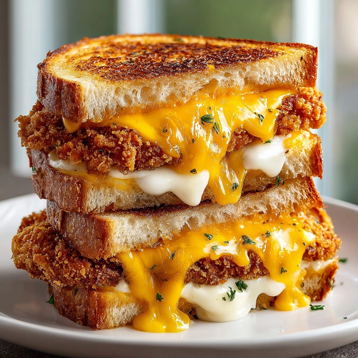 Golden-brown pickle-brined fried chicken grilled cheese, ready to be sliced and enjoyed, oozing cheese.