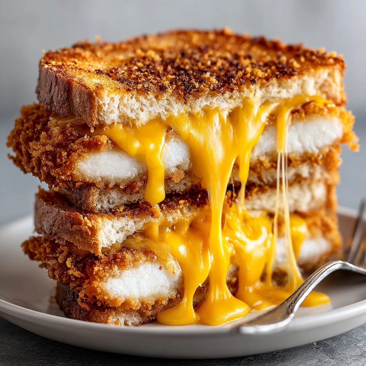 A close-up of a loaded pickle-brined fried chicken grilled cheese, showing crispy chicken between golden bread.