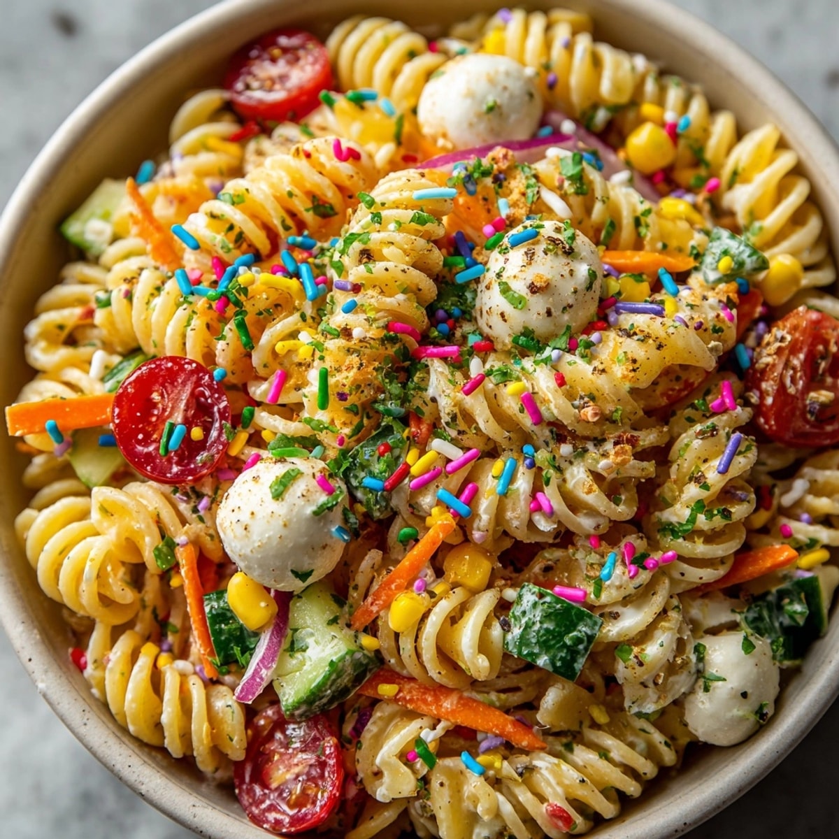 Colorful Chaos-Style Funfetti Birthday Pasta Salad, a creamy and veggie-packed dish for celebrations.