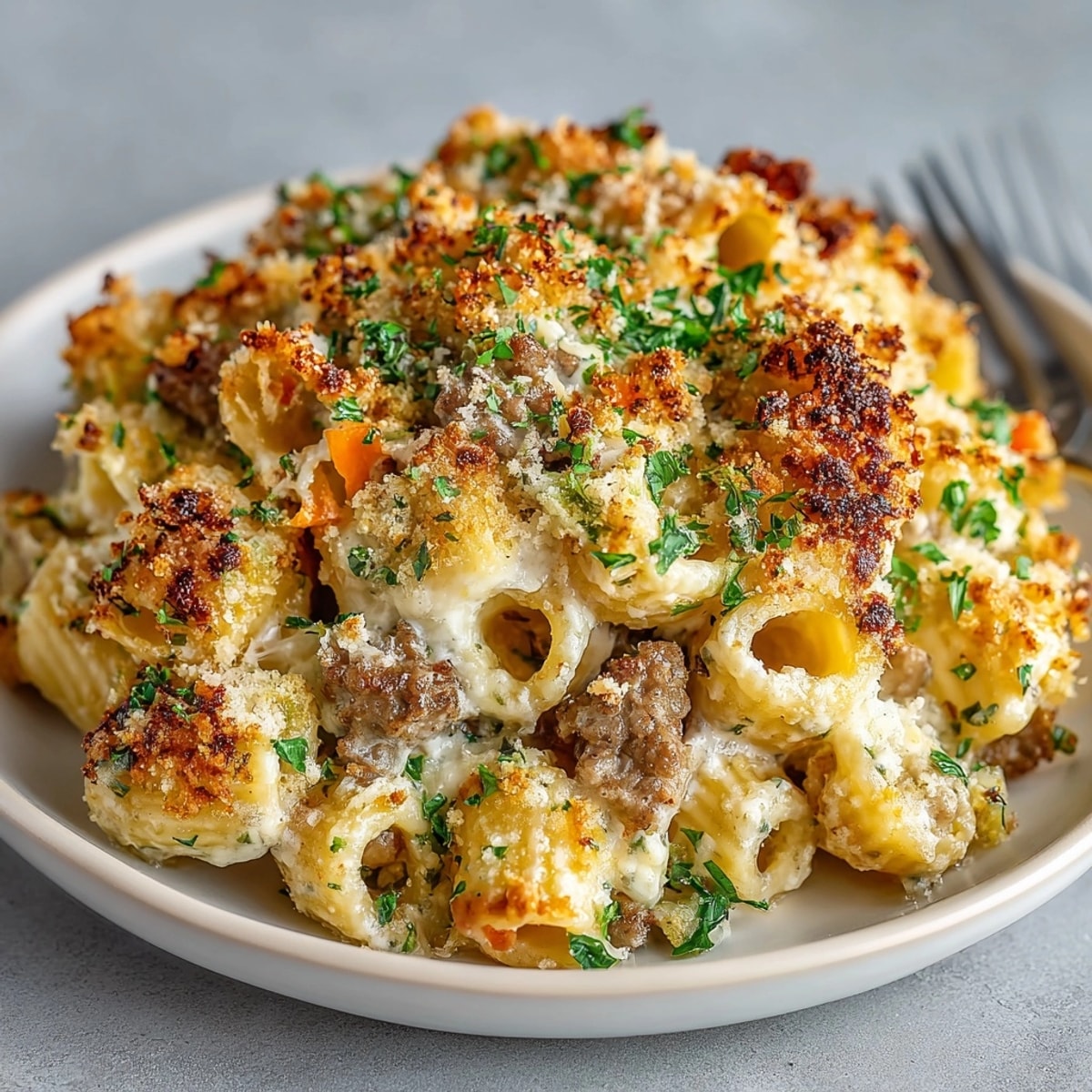 Golden-brown Thanksgiving Stuffing-Inspired Pasta Bake, bubbling and savory, ready to serve family-style.