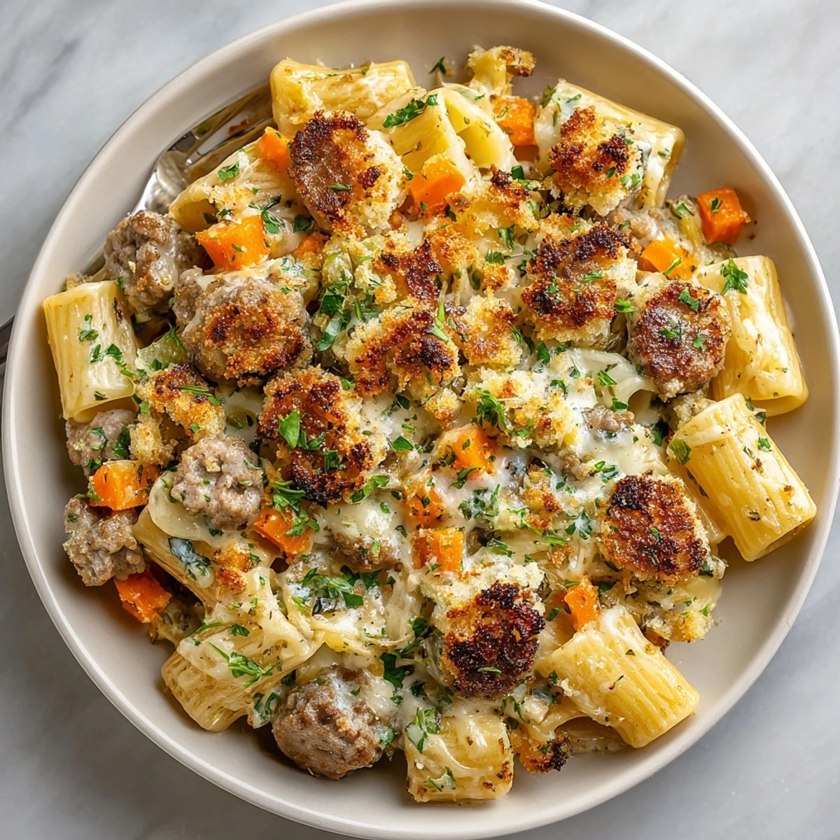 Steaming close-up of the Thanksgiving Stuffing-Inspired Pasta Bake, full of pasta, sausage, and vegetables, a delicious meal.
