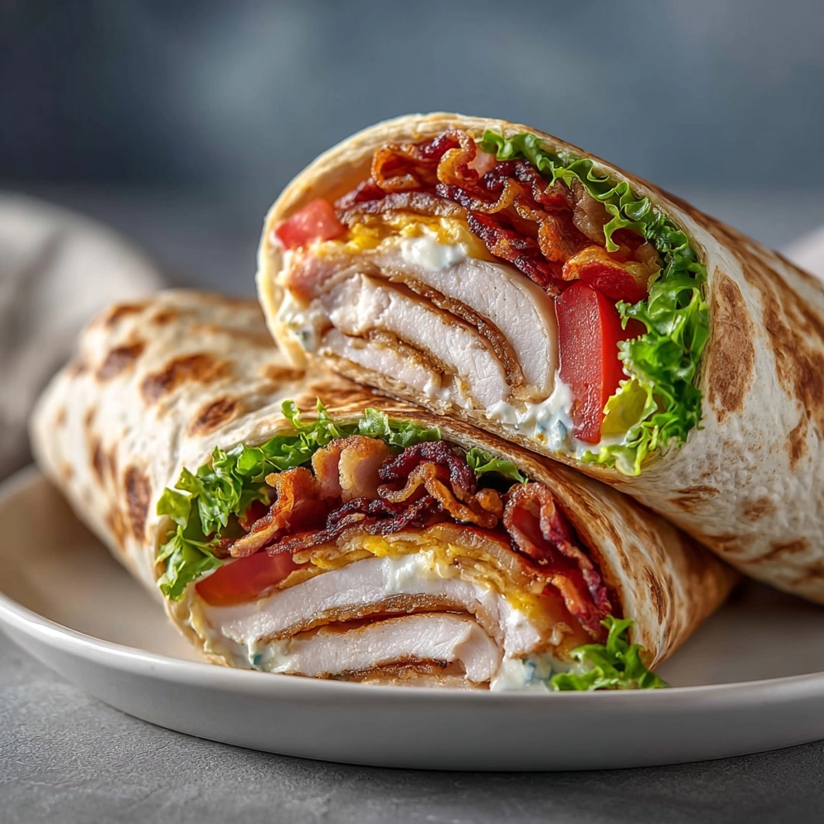Tangy Pickle Juice Brined Turkey Club wraps, featuring juicy turkey and crispy bacon, ready to eat.