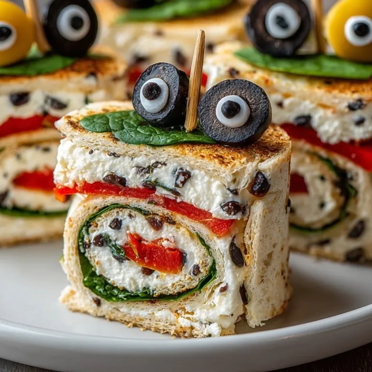 Savory Spooky Black Olive Tapenade Wraps: Perfectly rolled party wraps with black olive "eyes," perfect for Halloween!