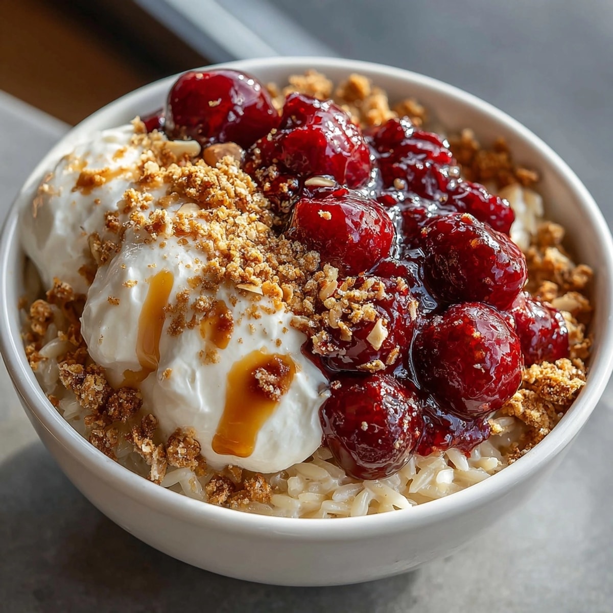 Cherry Pie Breakfast Pasta Bowl with glossy cherry compote and a crunchy oat topping.