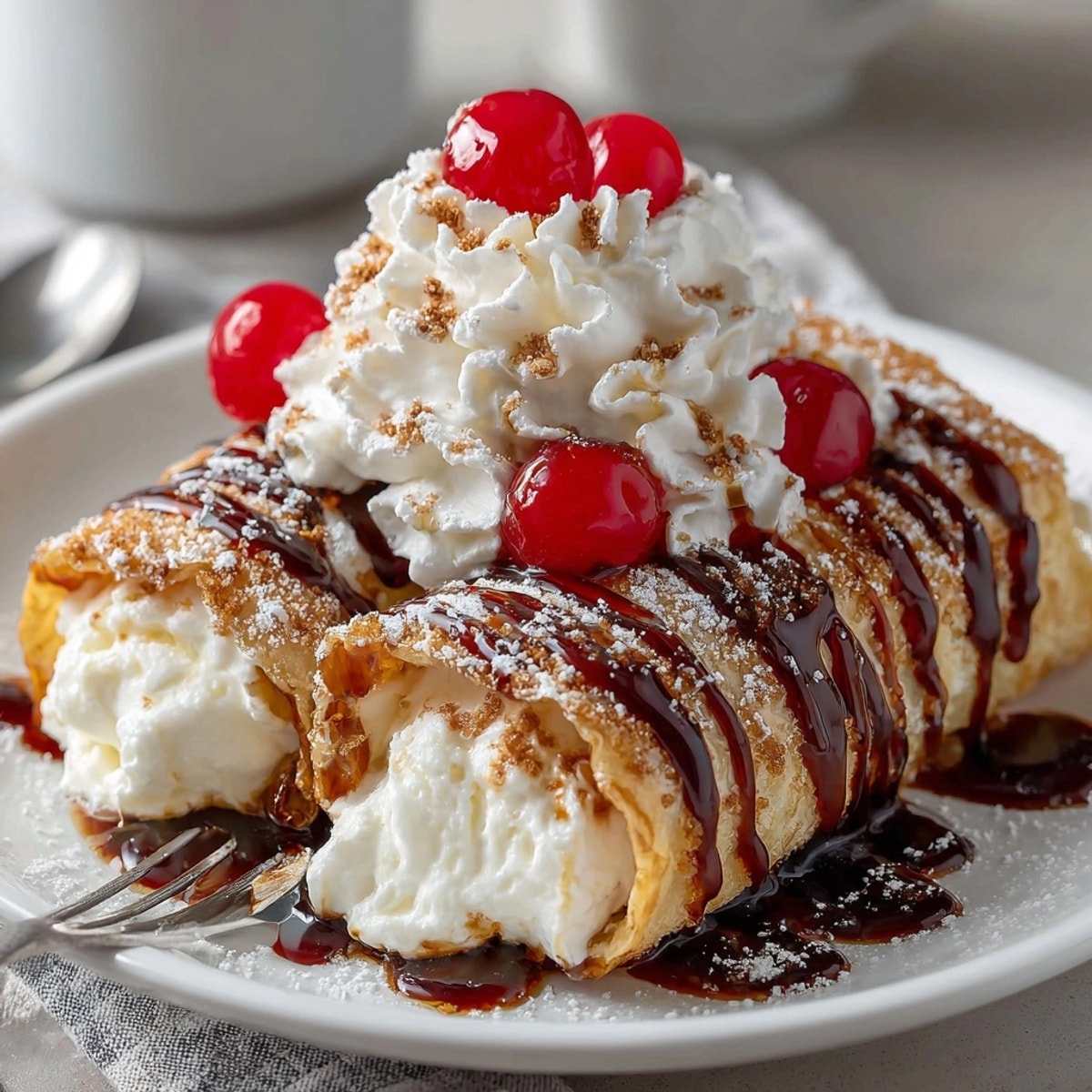 Golden fried Rebel Root Beer Float Dessert Wraps filled with vanilla ice cream and root beer syrup.