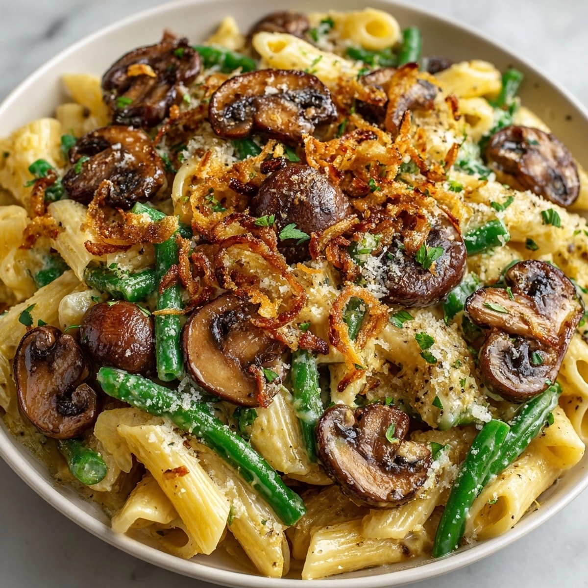 Thanksgiving Green Bean Casserole Pasta served hot, garnished with crispy onions and Parmesan, looks delicious.