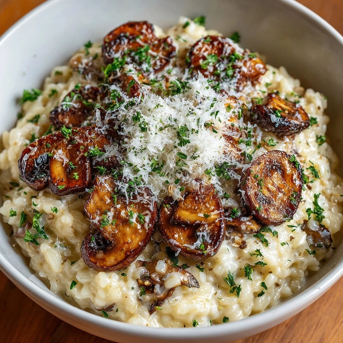 Steaming bowl of One-Pot Creamy Mushroom Risotto, garnished with fresh parsley and Parmesan.