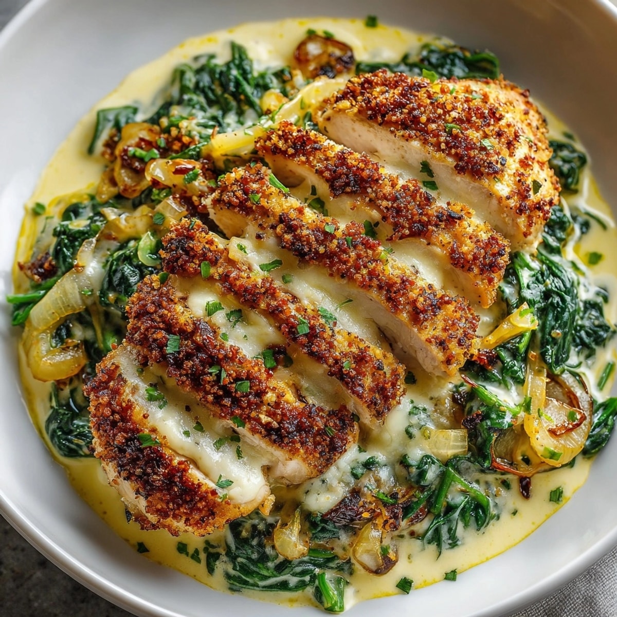 Creamy Spinach and Chicken Bake, a savory delight with golden cheese topping a bubbly, creamy sauce.