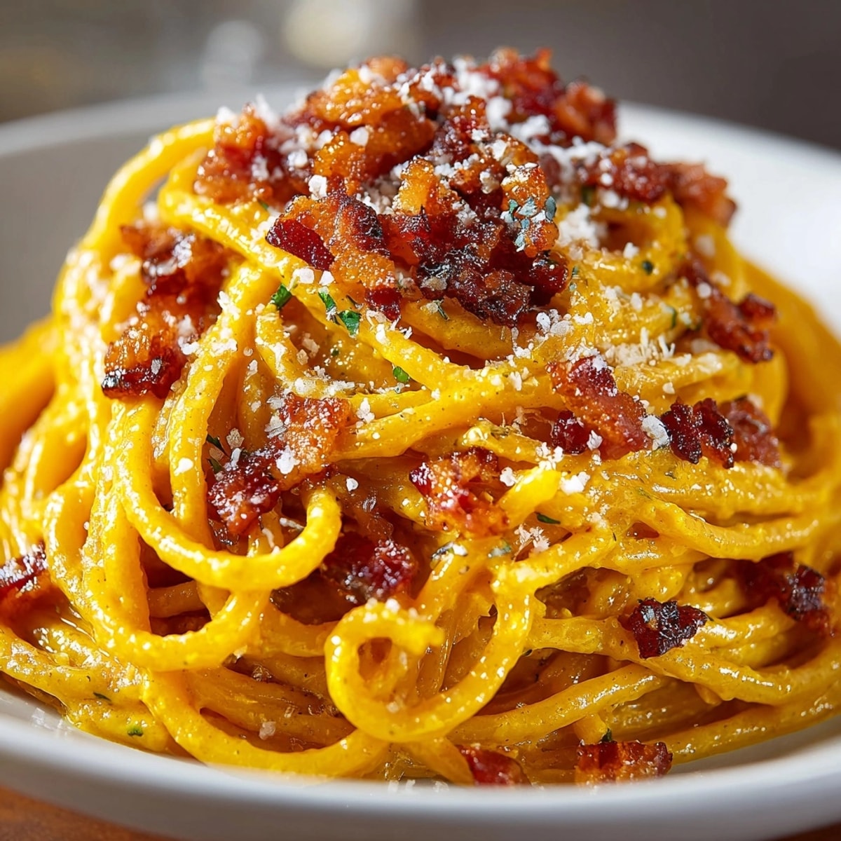 Creamy pumpkin spice carbonara with a generous topping of sweet and crispy maple bacon crumble.