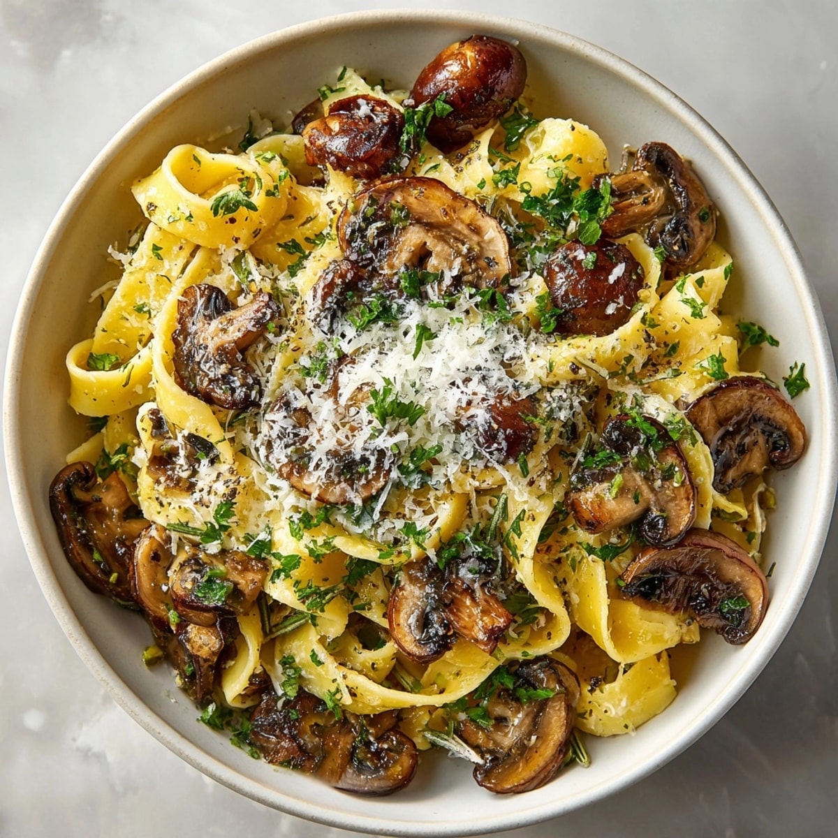 Steaming bowl of Chestnut Mushroom Pasta ready to be devoured with fragrant rosemary oil.