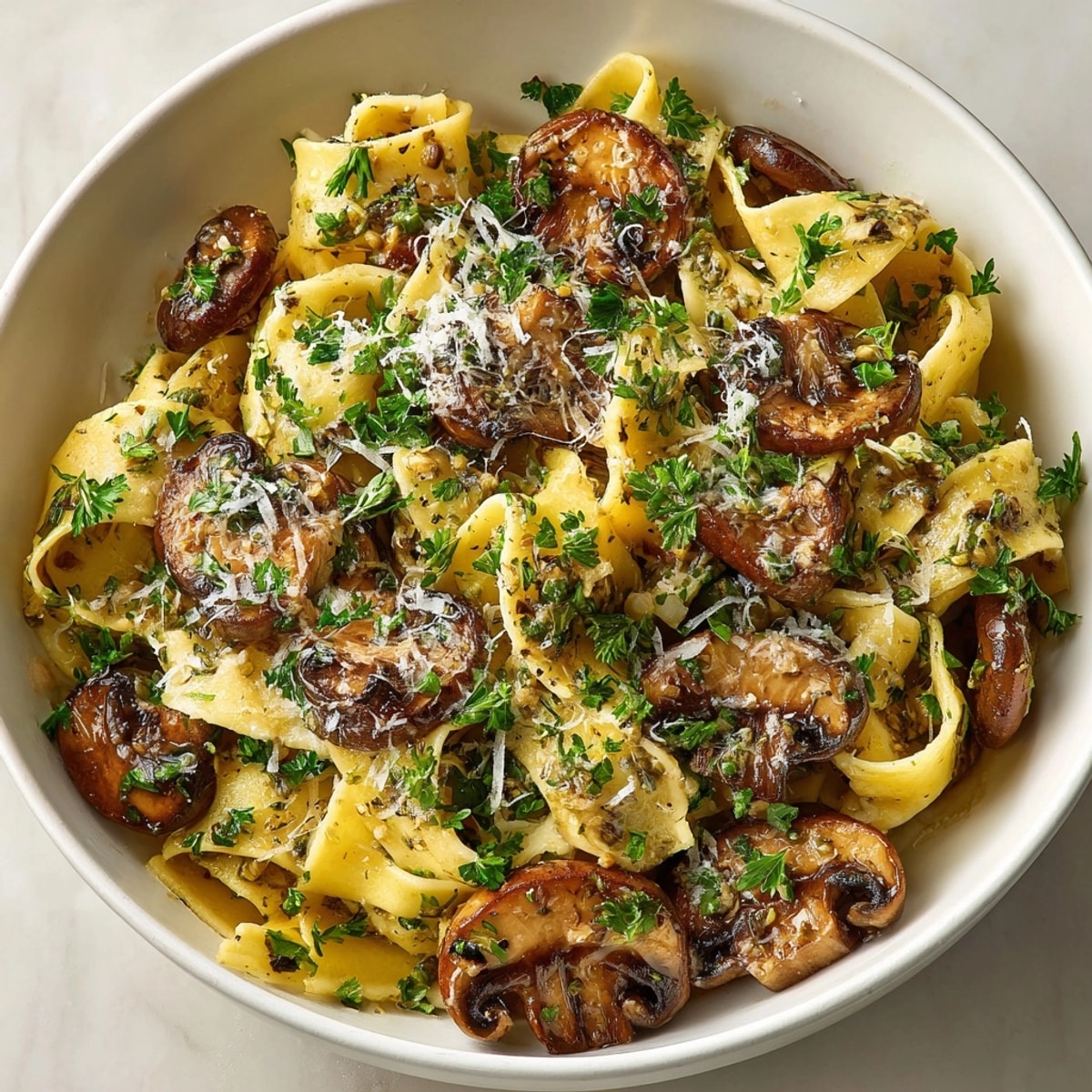 Close-up of al dente Chestnut Mushroom Pasta, seasoned perfectly, finished with rosemary oil infusion.