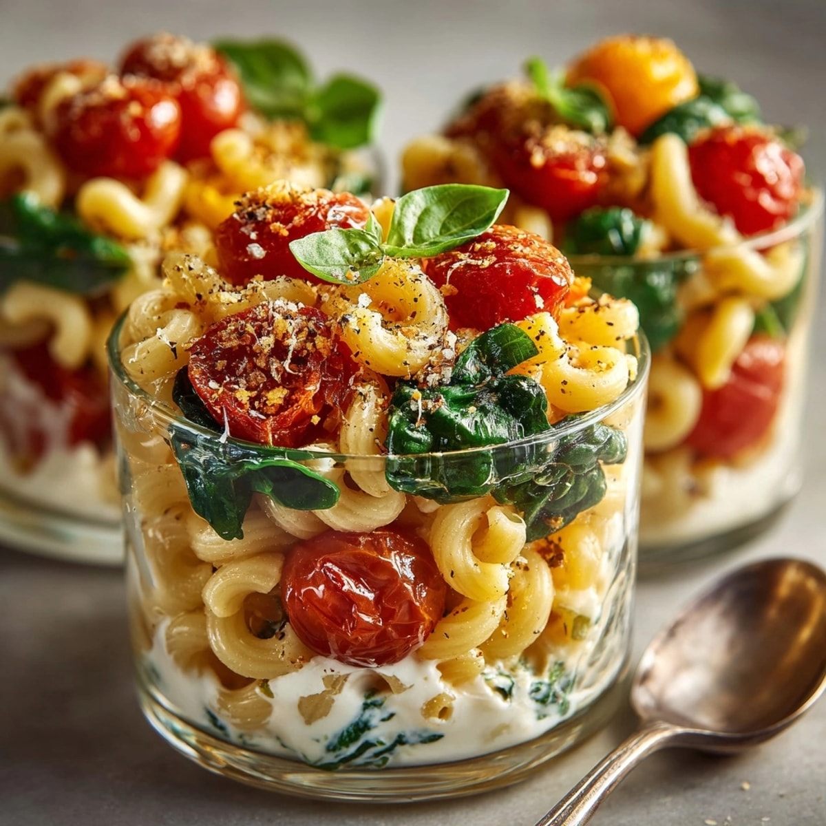 Layered Pasta Parfait is beautifully displayed in clear glasses, showcasing colorful tomato and spinach layers.