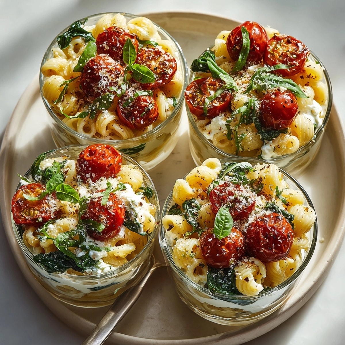 This elegant Layered Pasta Parfait features a stunning presentation, with pasta, vegetables, and cheese layered elegantly.