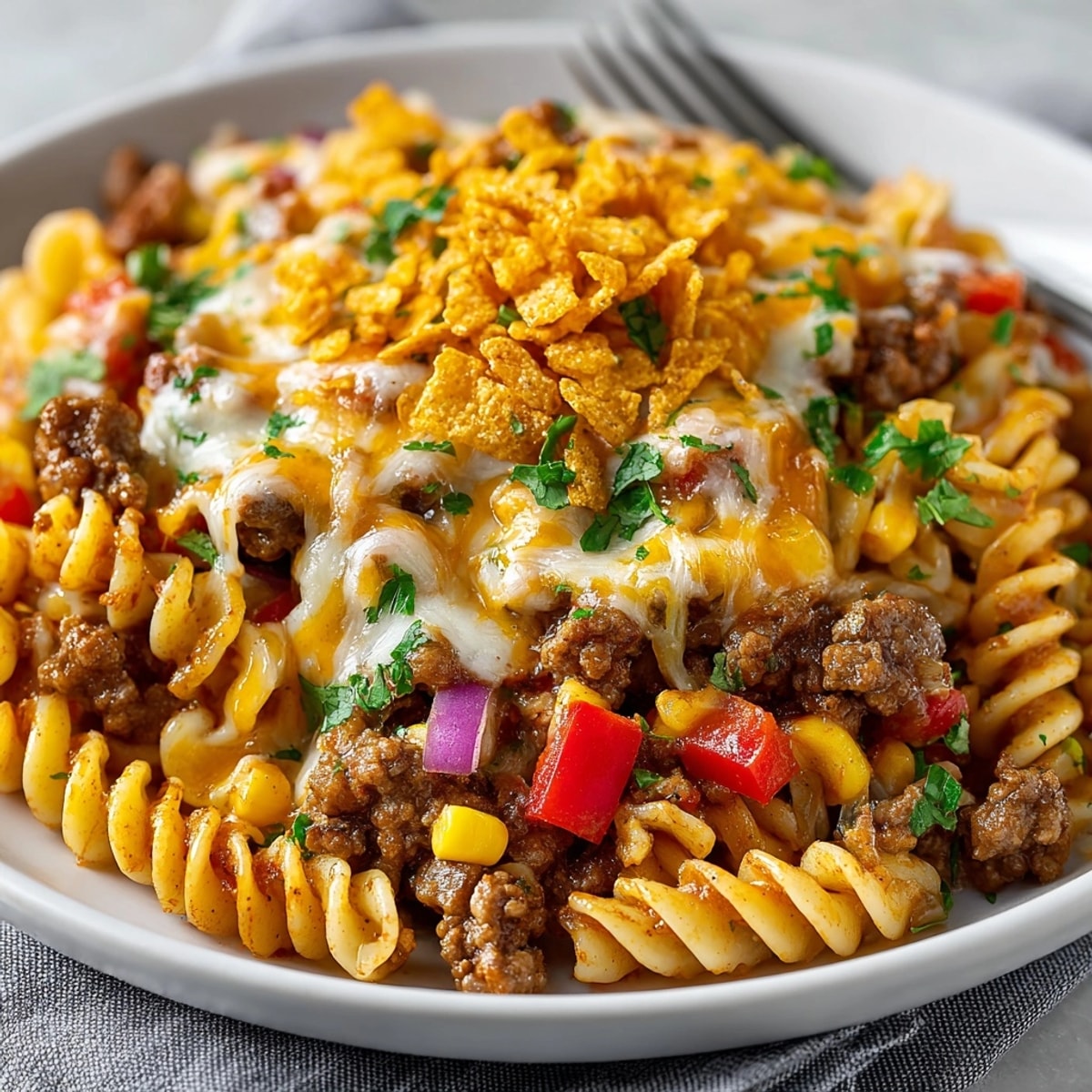 Creamy Taco Pasta Skillet with Doritos topping, a comforting Tex-Mex dinner ready in minutes.