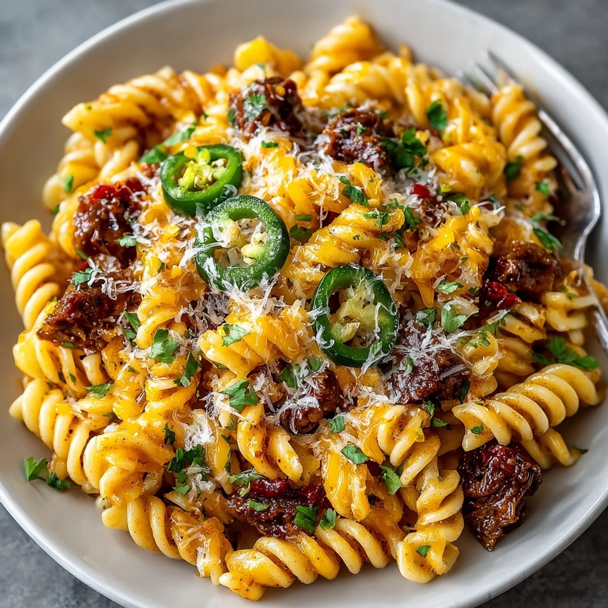 Texas BBQ Pasta, creamy and cheesy, with smoky brisket and spicy pickled jalapeños.