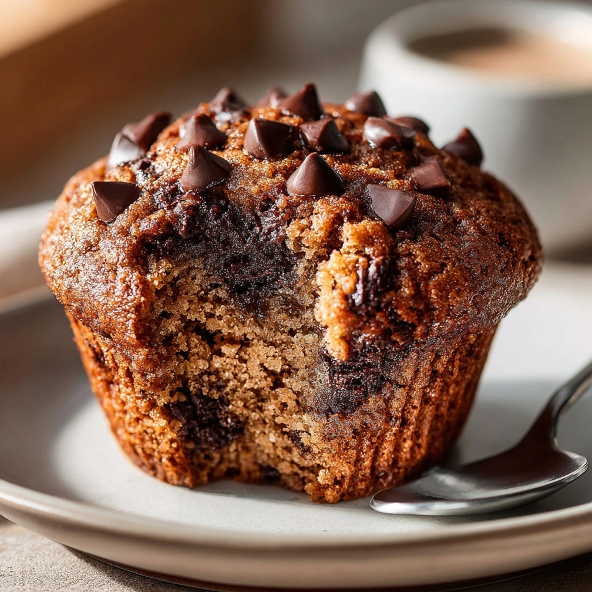 Freshly baked chocolate protein muffins cooling on a rack, loaded with melty chocolate chips.