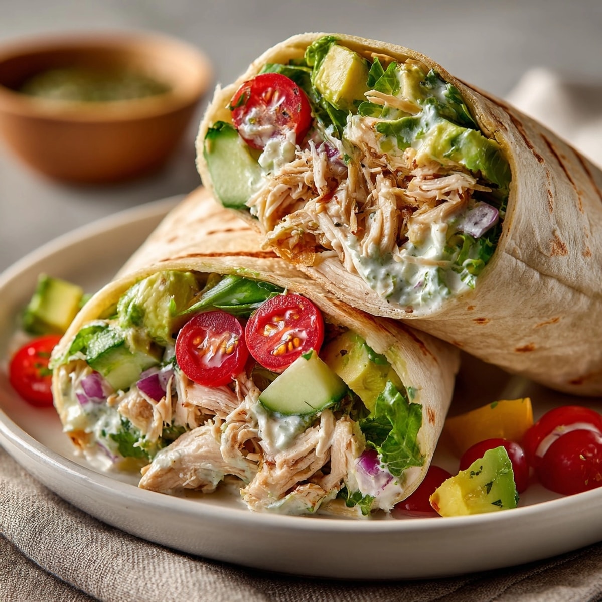 Avocado Chicken Salad Wraps sliced in half, showcasing creamy filling and fresh vegetables inside.