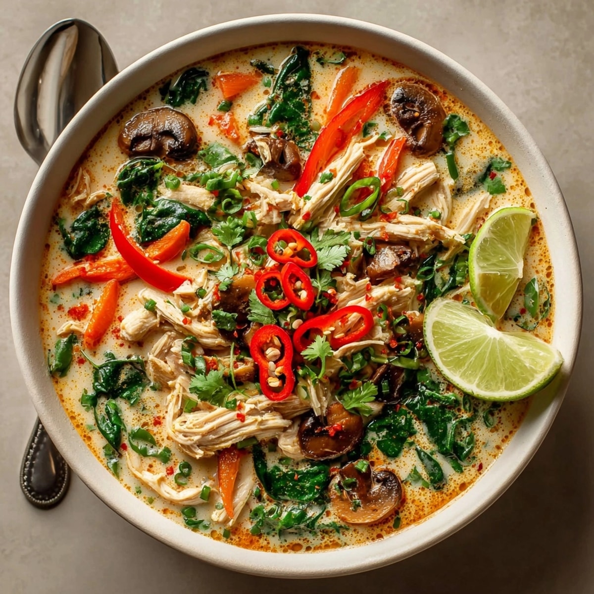 Closeup of Thai Curry Coconut Soup showing mushrooms, red chili, and baby spinach in silky coconut broth.