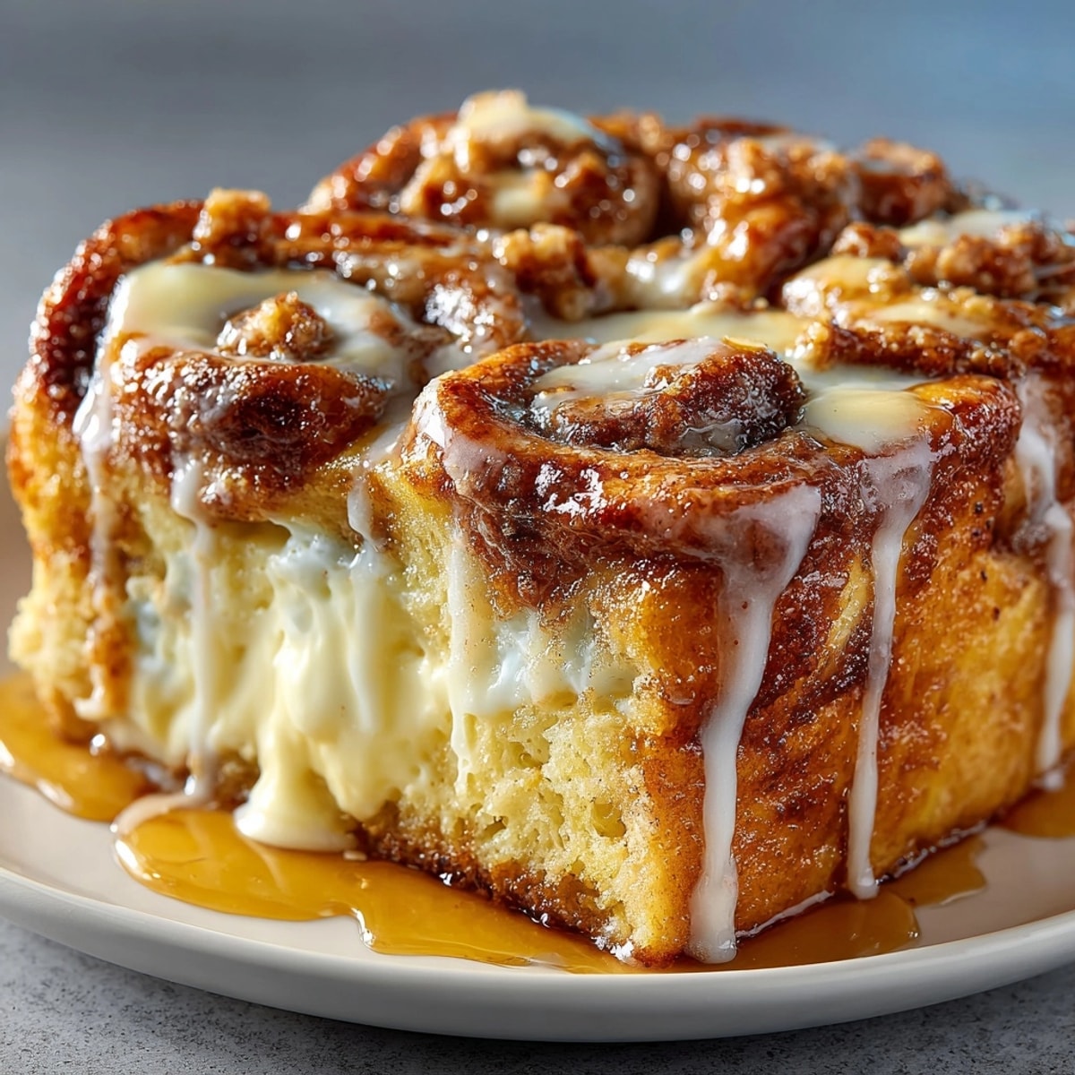 Cinnamon Roll French Toast Casserole served warm, golden and gooey with icing drizzled on top.